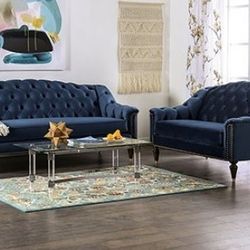 Brand New Blue Velvet Living Room Set