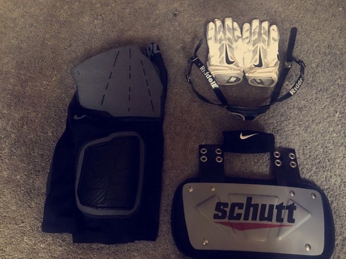 Nike pro girdle, Nike chinstrap cover, Nike FB gloves, Ridell chinstrap and Schutt backplate