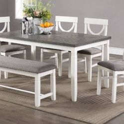 Farmhouse Style 6 Piece Dining Set 4 Chairs And Bench White & Gray upholstered seats 