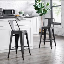 New Set of 2 Industrial Metal Counter Height Bar Stools – Matte Black & Rustic Gold – 24”