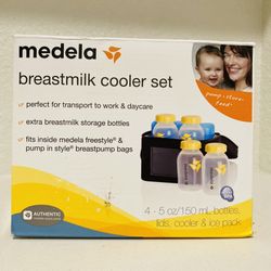 New Medela Breastmilk Cooler Set 4 - 5oz/150ml Bottles,Lids, Cooler + Ice Pack