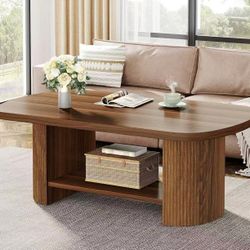 New assembled Oval Coffee Table, Mid-Century 2-Tier Coffee Table with Storage Shelf, Modern 45.27" Accent Center Table with Wooden Dual Base for Livin