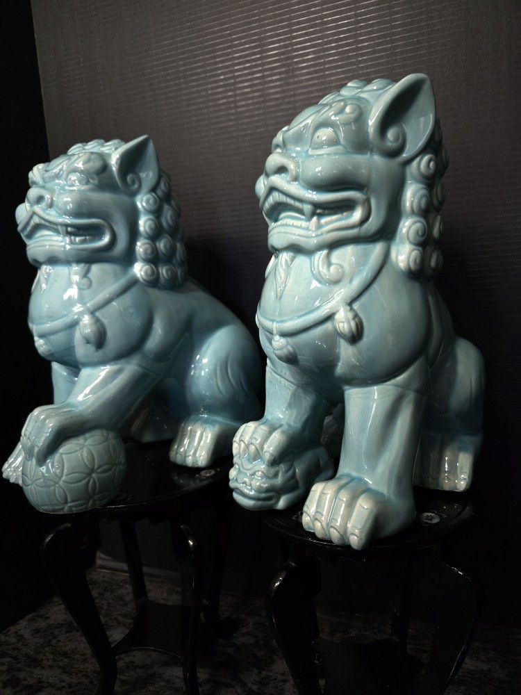 Vintage Foo Lions Dogs Male & Female. Symbolizes Protection Balance Luck Wealth 12" Tall Baby Blue