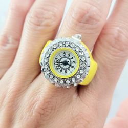 Yellow diamond face women's girl's Quartz ring watch Gift