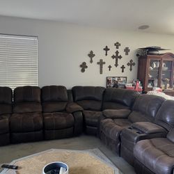3 piece Brown Sectional Couch With Recliners & Rockers