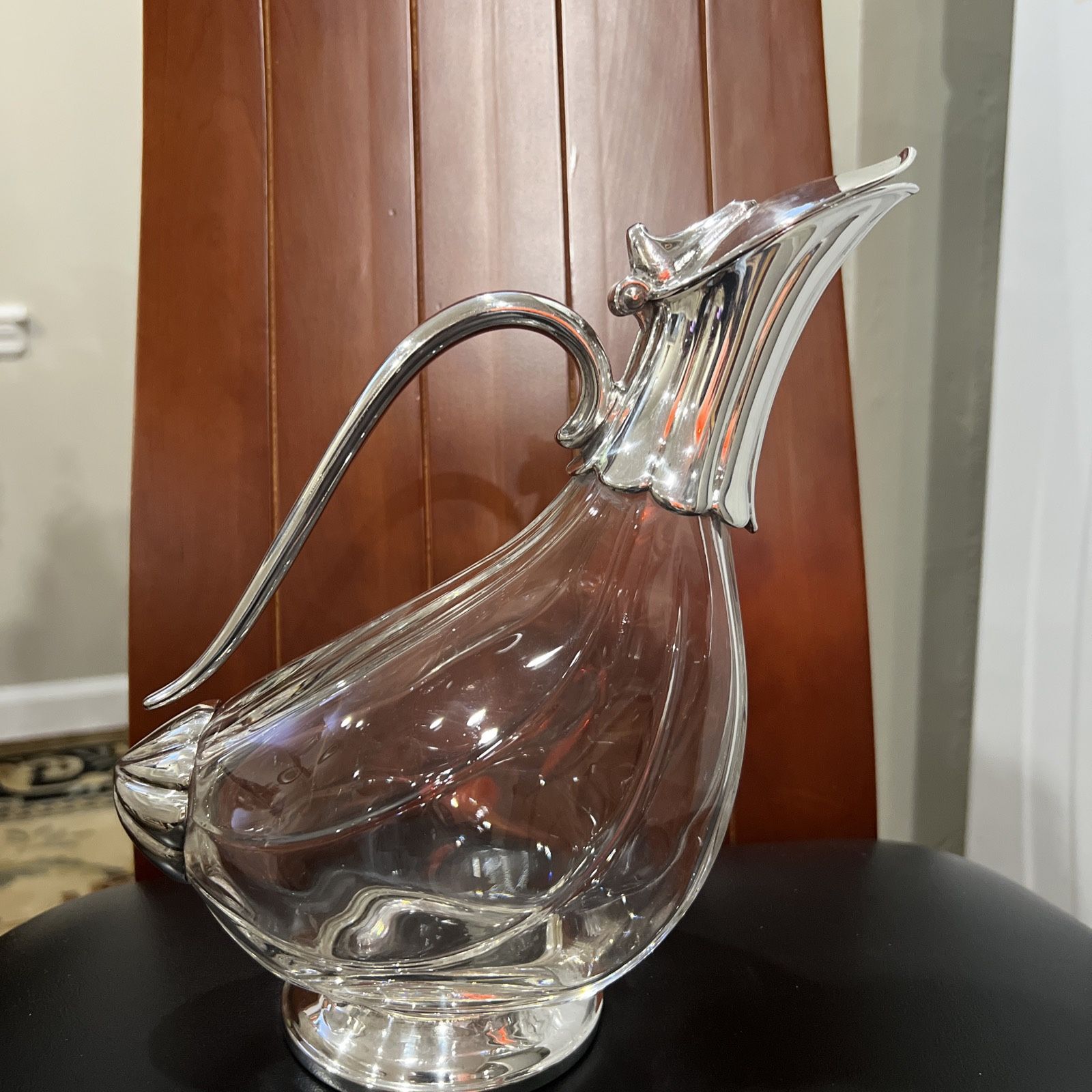 Silver Plated And Glass Duck Wine Pitcher