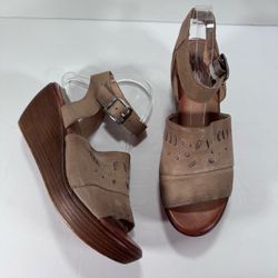 Miz Mooz Striking Tan Leather Studded Ankle Strap Wedge Sandals Size 9.5