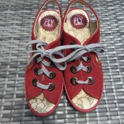 FLY London Yiva Red Suede Leather Wedge Sandals Size 36 Laser Dots