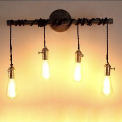 Industrial 4-Light Plumbing Pipe Hanging Exposed Bulb Metal Wall Light In Brushed Black  L35