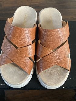 Vionic Tan Leather Cross-Strap Sandals