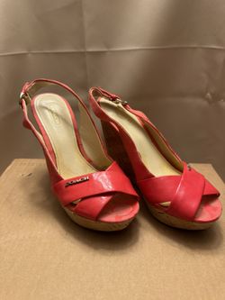 Coral Patent Leather Coach wedge sandals 6.5
