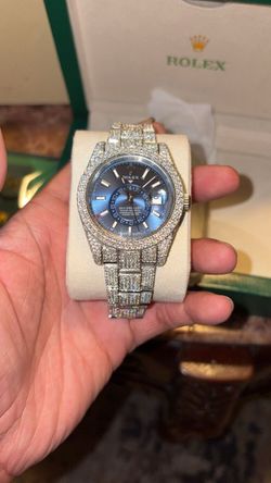 Moissiante stones Vvs 22ct silver sky deweller blue dial watch (PASSES DIAMOND TESTER)