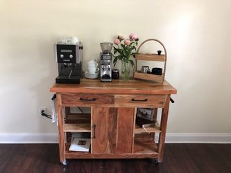 Solid wood coffee cart with metal handles
