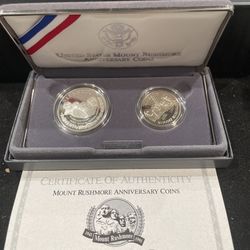 1991 S Gem Proof Mount Rushmore Anniversary Coins With A Silver Dollar And A Clad Half Dollar