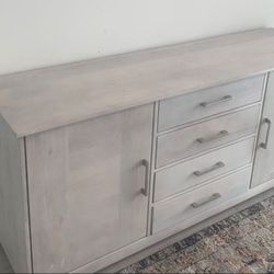 Solid Wood - White/Gray-Blue  washed Buffet Console/ TV console/ Dresser. Stainless Steel Handles 