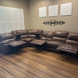 Brown Leather Flexsteel Three Recliner Couch
