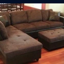 Brown Microfiber Sectional Couch and Ottoman