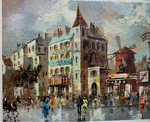 Vintage Oil Painting Parisian Streetscape signed by Anthony DeVity Paris Moulin Rouge