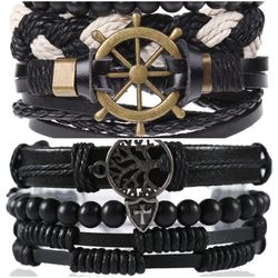 2 x Set Adjust. Size up to 9.5inc Leather Bracelet, (Ship Rudder-Black)