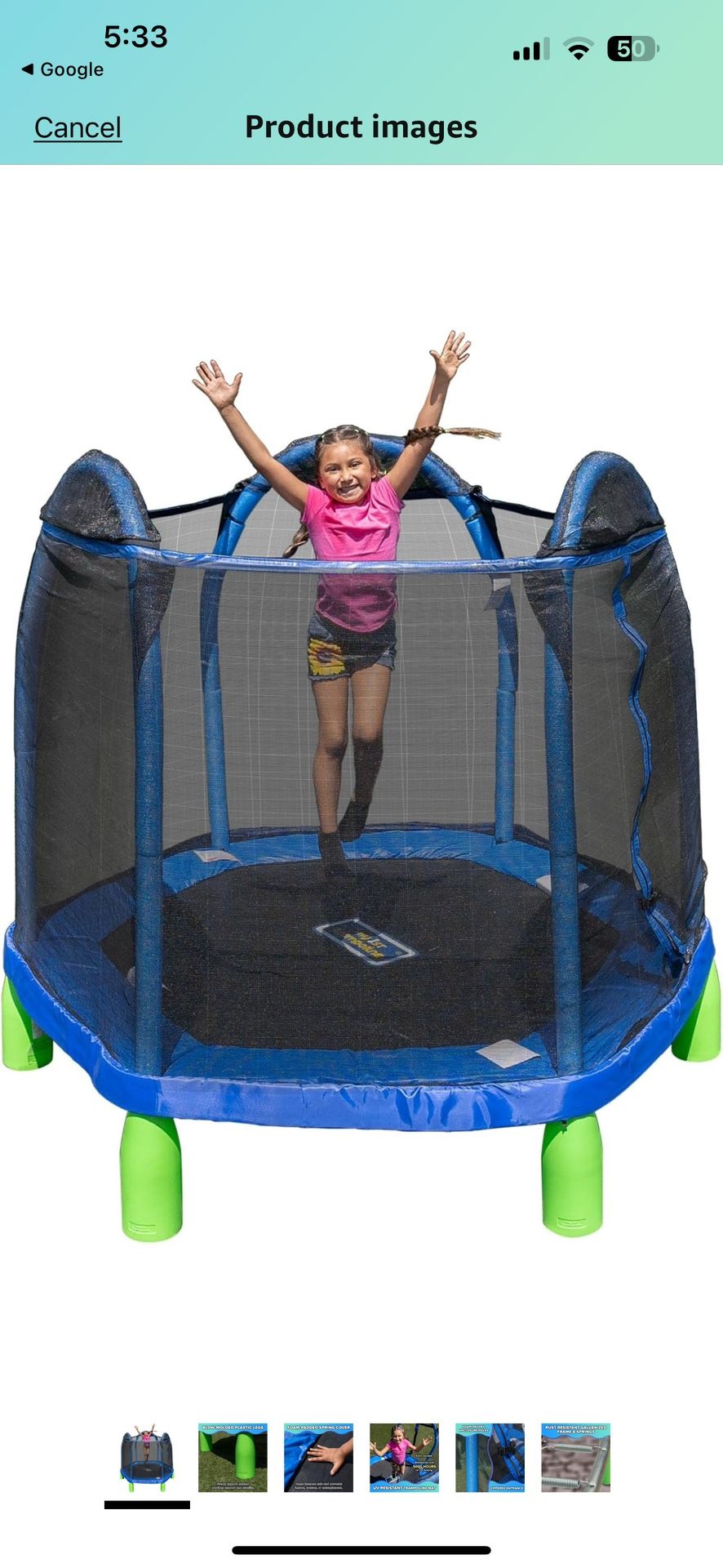 Sportspower Outdoor My First Kids Trampoline with Safety Enclosure Net and Foam Pad, 7FT Round - Blu
