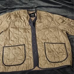 ZARA WOMAN  WATER REPELLENT PUFFER JACKET DARK BEIGE  SZ M-L
