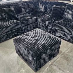 New 99x99 Black Corduroy Sectional Couch / Free Delivery 