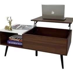 Lift Top Brown & Marble Coffee Table with Storage, Metal Legs, Lift Up Dining Table (Brown & Marble)- Brand New in Box