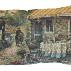 Turn-of-Century French Village Tapestry Pillow, Velvet Back, Fringe, vintage pillow