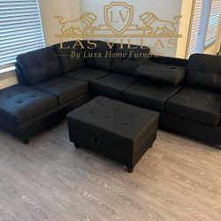 Brand New , 30Heights - Reversible Sectional + Storage Ottoman (Black Linen)