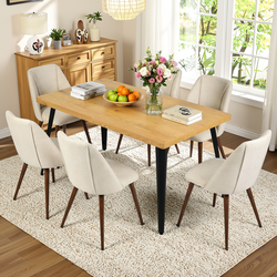 Homy Casa STAN+KALI 7PC Dining Set 63" Table with 6 Upholstered Chairs in Natural Wood and Beige