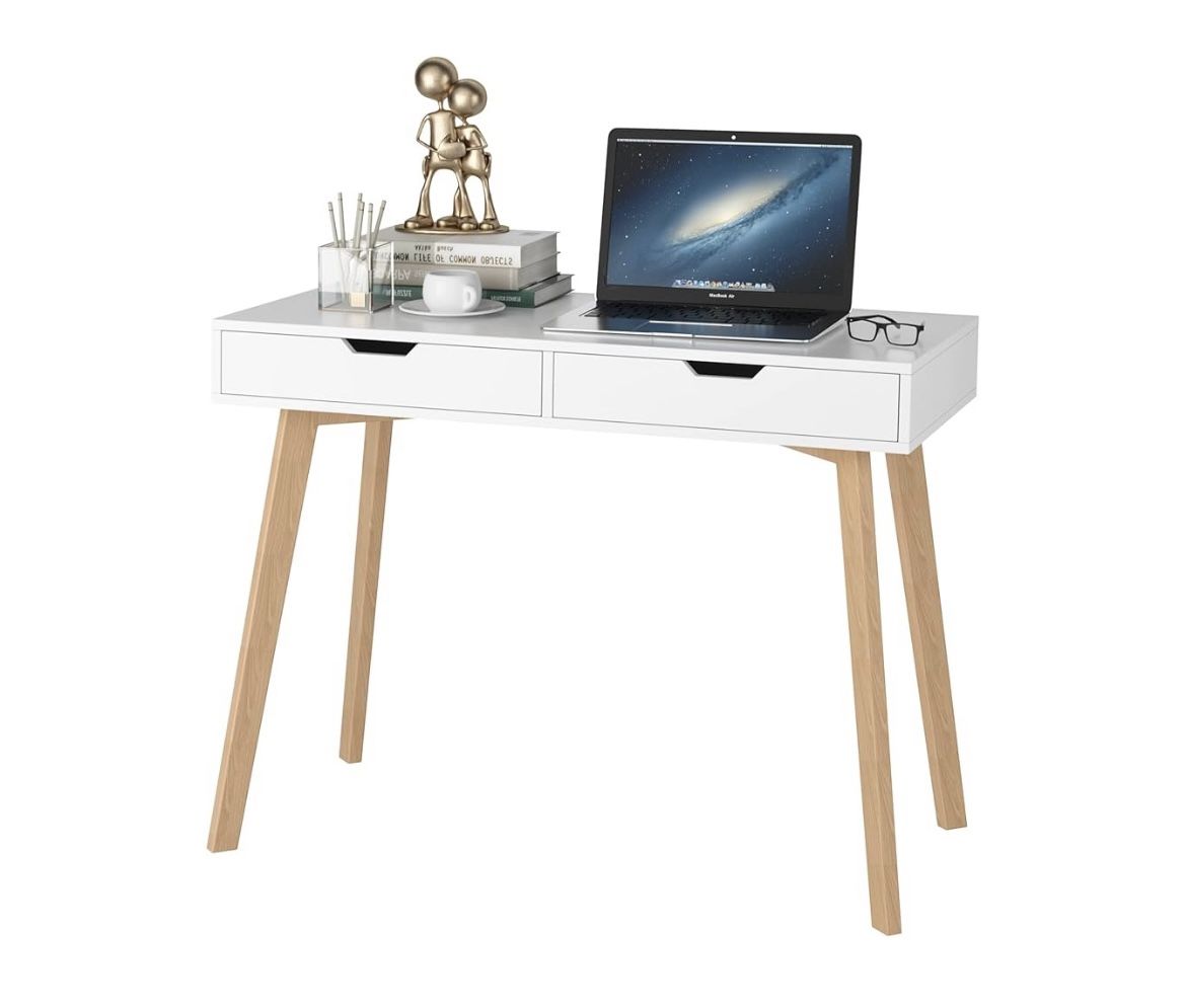 PREBUILT Minimalist White Desk with Natural Wood Legs – Gently Use