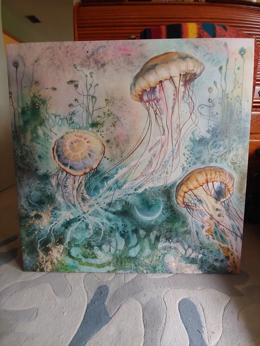 Ocean Jellyfish on Canvas - Artwork Painting 37x37