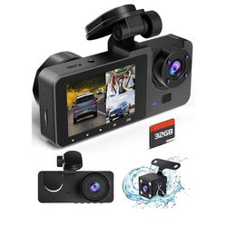 Dash Cam Front and Rear Inside, 4K Full HD Triple Dash Camera for Cars, Car Camera with 32GB Card,Built-in Loop Recording,G-Sensor,24H Parking Monitor