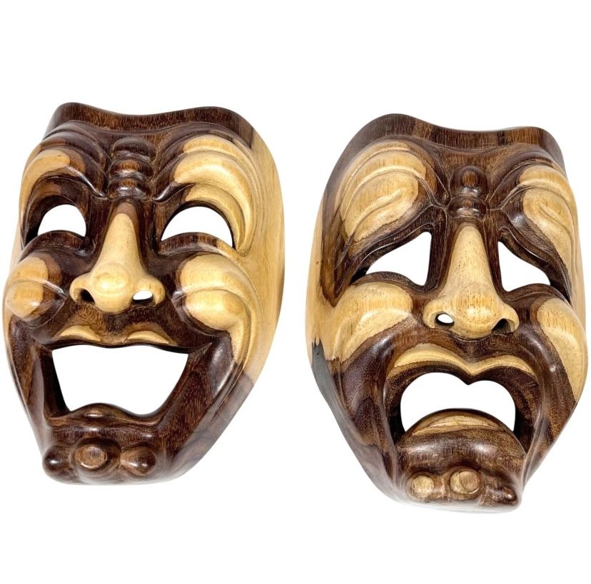 Wooden Comedy and Tragedy Wall Hanging Masks from Indonesia Carved Art Decor