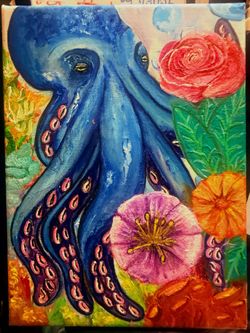 Original Octopus Floral Acrylic Painting on Canvas
