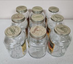 (9)- Large 32oz. Atlas Mason glass jars with measurement markings on the side and different types of sealing lids.
*** Cash 💸 only, please. Front Doo