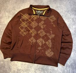 Y2K Carbon Full Zip Jacket Men's Brown Argyle Print Collared Track Jacket Size