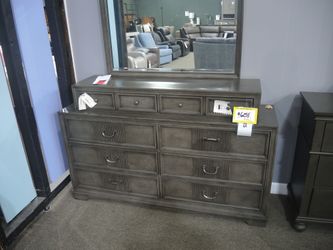 Modern Gray Fluted-Front Dresser with Mirror – 10 Drawers, Bedroom Storage