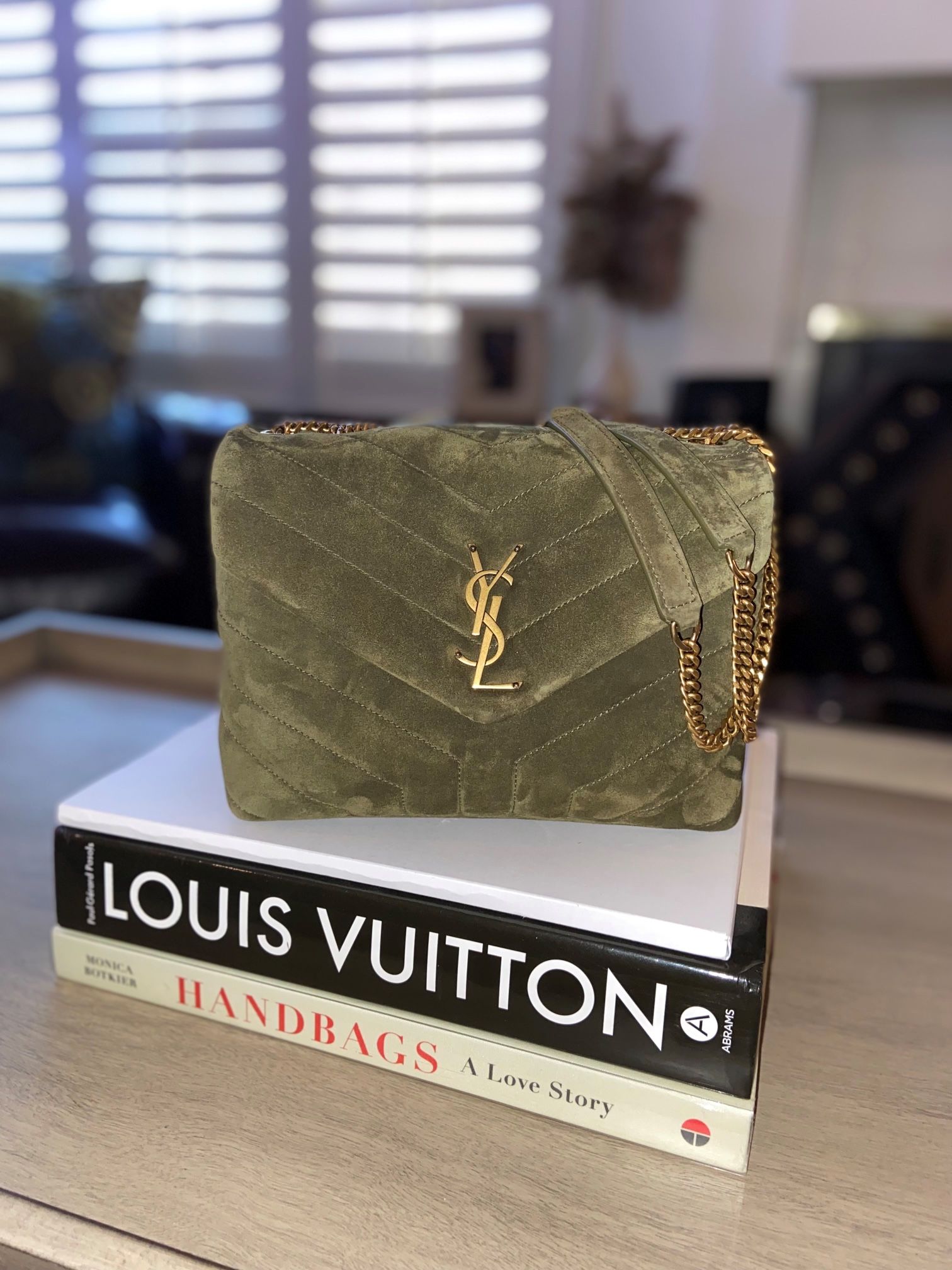 YSL Saint Laurent Loulou Small Bag Purse Camo Green Suede