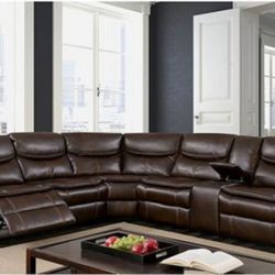 Brand New Super Plush Brown Leather Reclining Sectional Sofa