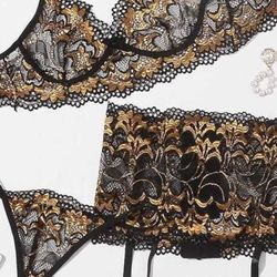Women's Lingerie Set with Garter Belt, Two Piece Lace Bra and Panty Set, Strappy Babydoll, Underwear Set,