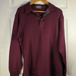 Burberrys Mens Burgundy M Light Ribbed LongSleeve Button Plaid Collar Pullover 
