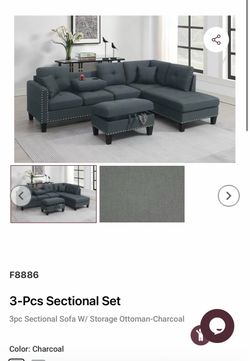 3-Piece Charcoal Sectional Sofa with Storage Ottoman