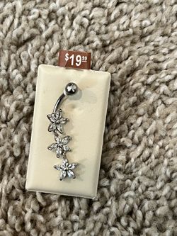 Solid Stainless Steel CZ Marquise Triple Flower Dangle Belly Button Ring - 14G