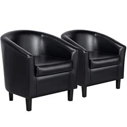  Chair, Faux Leather Armchairs Comfy Club Chairs Modern Accent Chair with Soft Seat for Living Room Bedroom Reading Room Waiting Room, Black, Set of 2