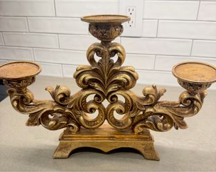 Large Ornate Gold 3-Arm Candelabra Centerpiece – 18” x 12”