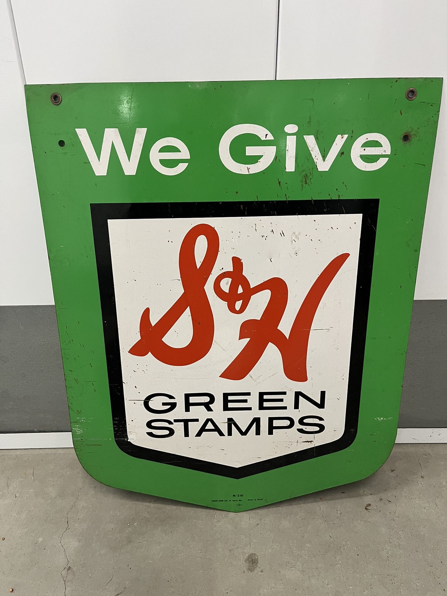 Antiques S & H Green Stamps Metal Sign, Dbl Sided