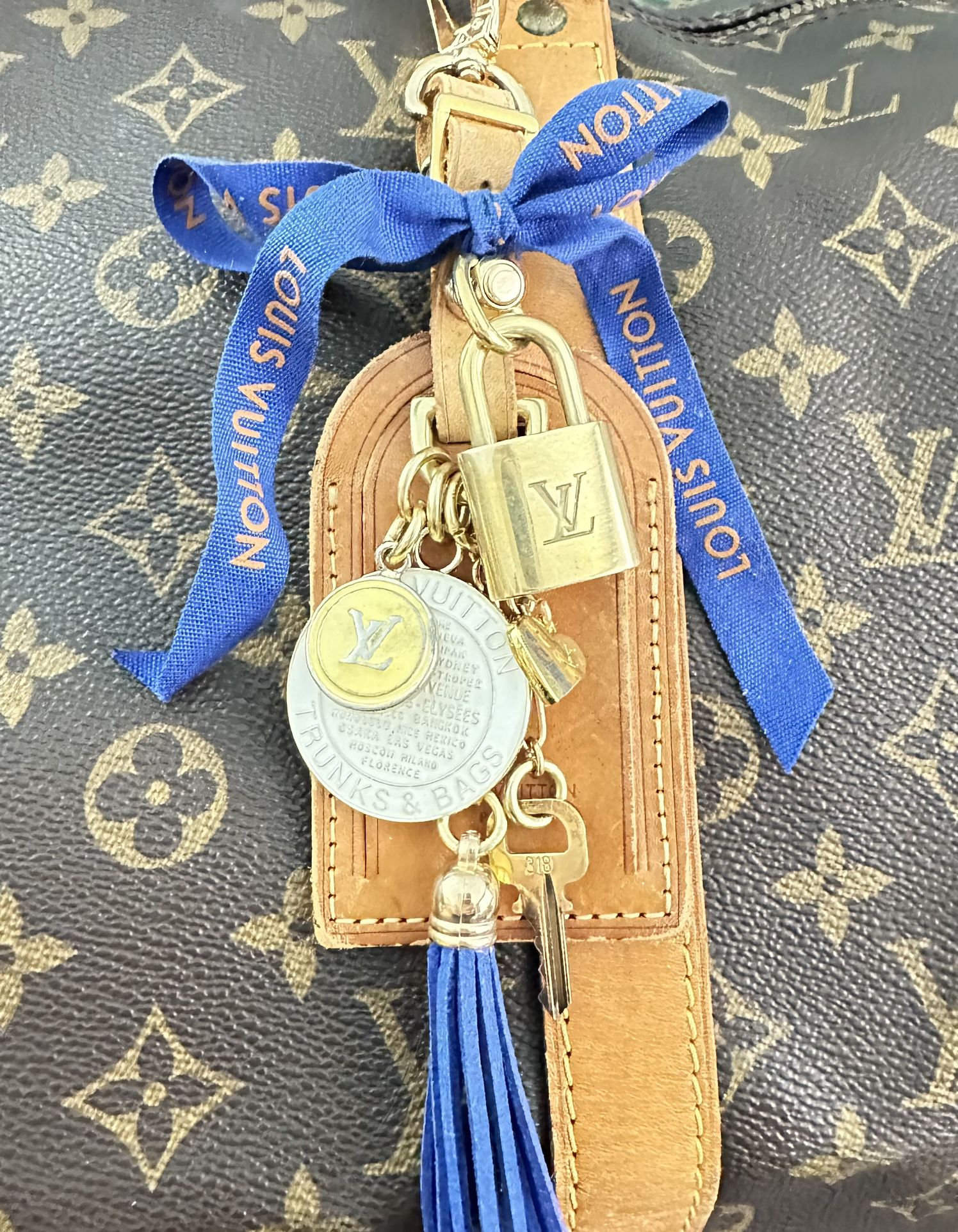 Authentic Louis Vuitton Leather Luggage Tag With Lock And Key Bag Charm