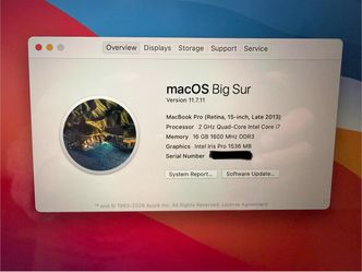 15" MacBook Pro Retina (Late 2013) - 2.0GHz i7 / 16GB RAM / Big Sur