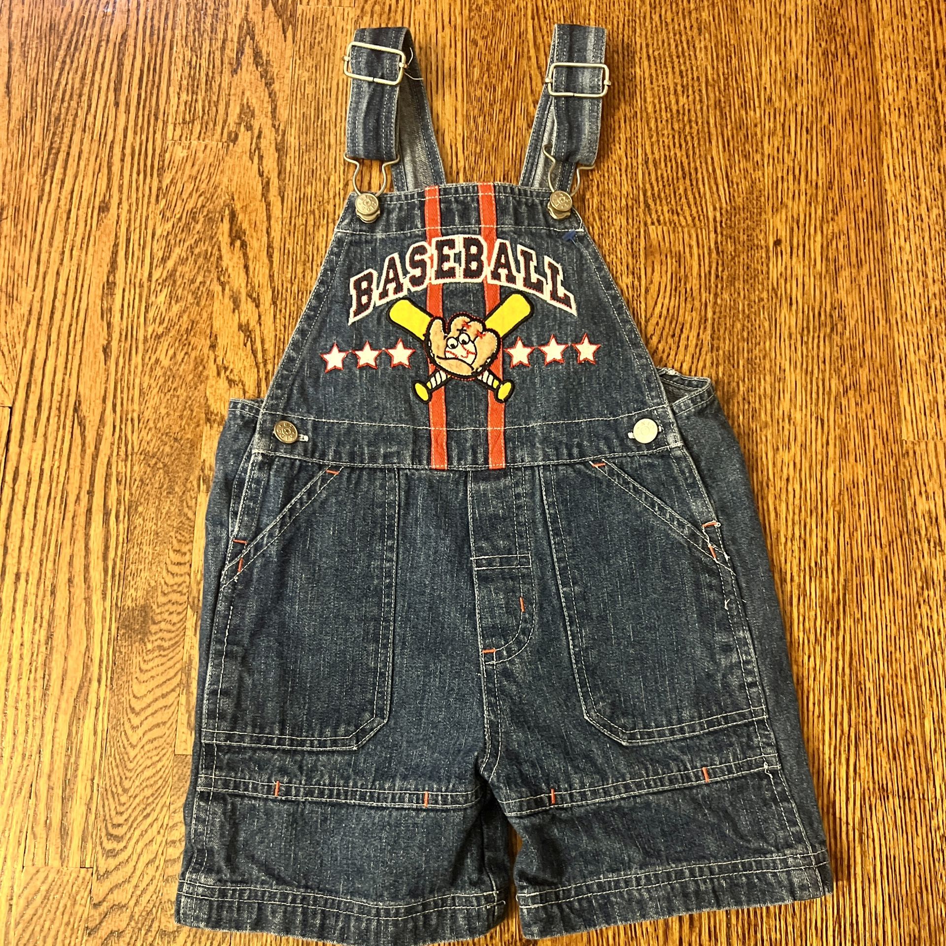 Vintage 90s BT Kids Baseball Denim Overalls/Shortalls toddler size 2